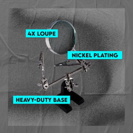 A magnifying glass accessory set with a 4x loupe, nickel-plated metal arms, and a heavy-duty base, shown on a textured gray background with cyan text labels.